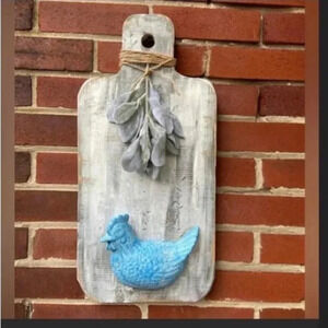 Handmade Wood Cutting Board Wall Art Ceramic Chicken Farmhouse Cottage Primitive